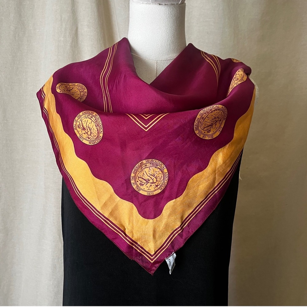Vintage American Neurological Association Pure Silk Scarf 29x30 Burgundy Gold